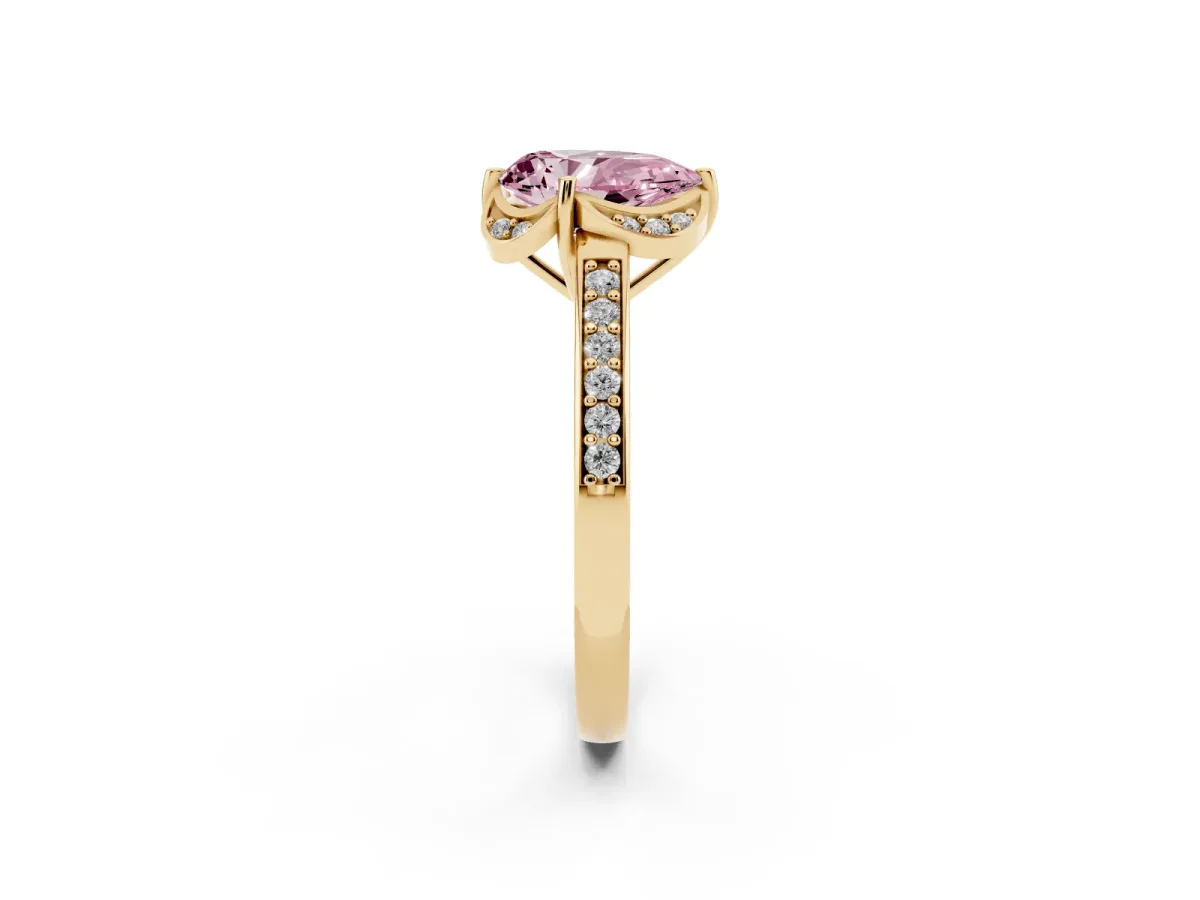 Fancy Pink Pear Cut Cut Halo Diamond Ring with Channel Set Band and Four-Prong Setting Yellow gold