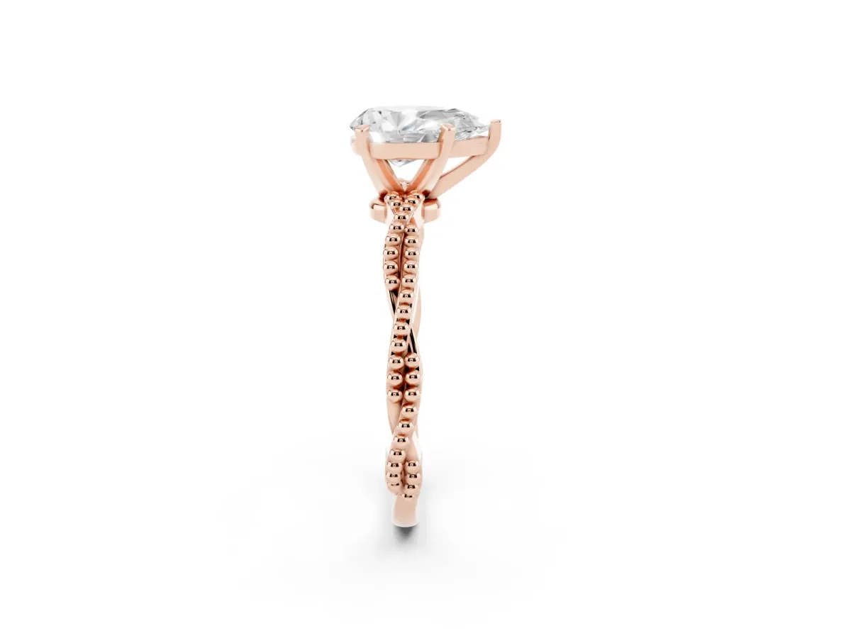 Pear Cut Solitaire Twisted Band with Bead Prong Setting Rose gold