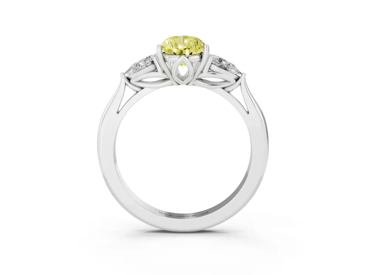Fancy Yellow Pear Cut Diamond Three-Stone Ring with Pear Side Stones and Prong Setting Silver
