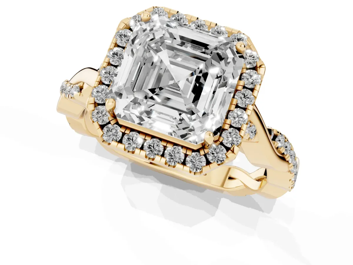 Asscher Cut Halo Twist Band Solitaire Ring Yellow gold