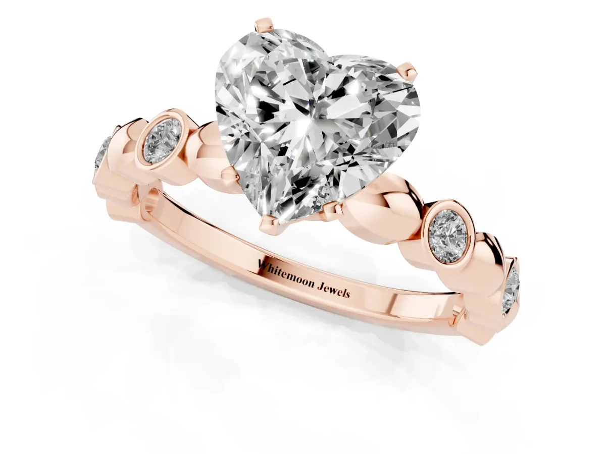 Heart Cut Solitaire Bezel-Set Diamond Ring with Beaded Band and Four-Prong Setting Rose gold