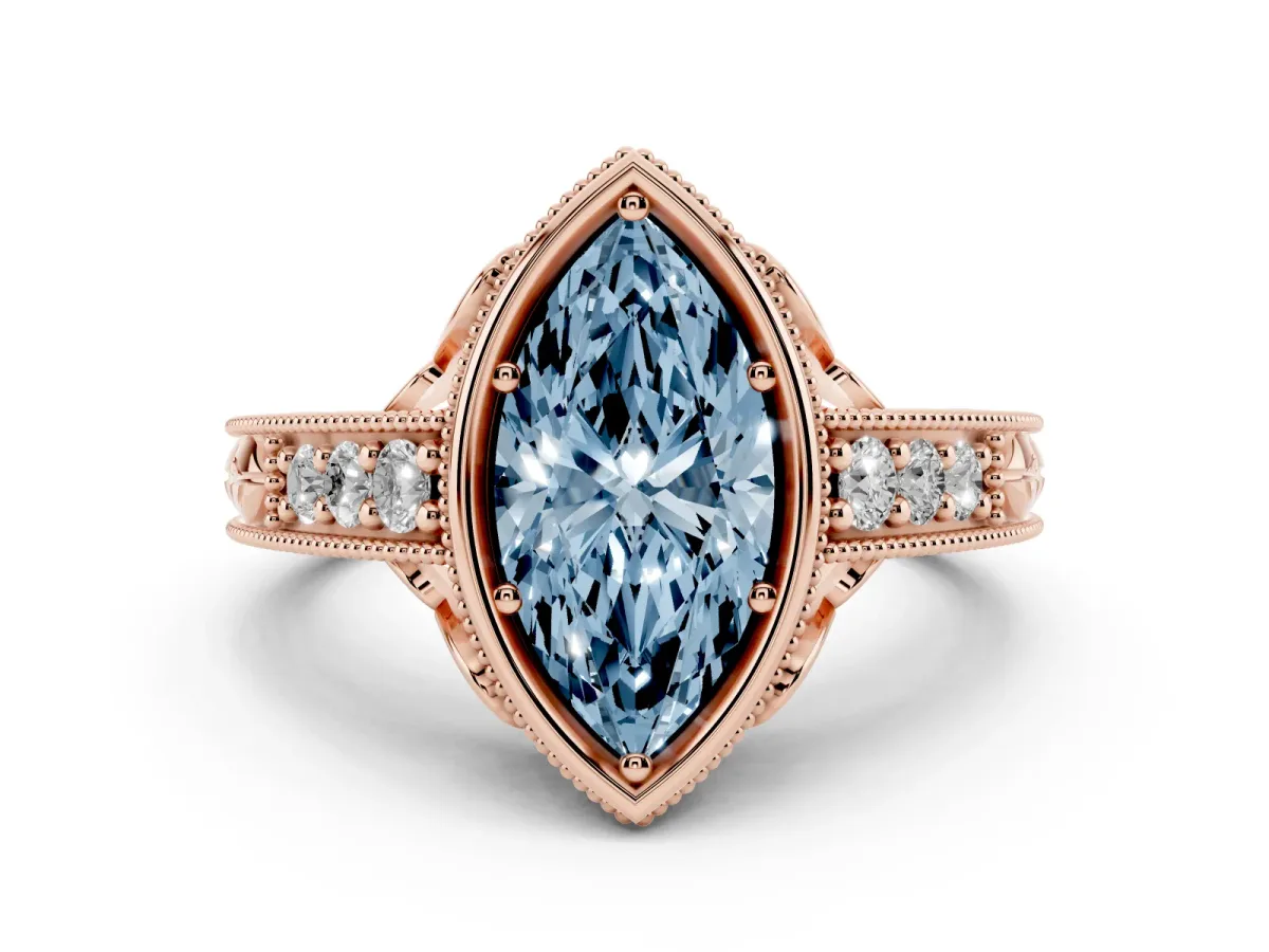 Fancy Blue Bezel Set Marquise Cut Diamond Milgrain Pave Engagement Ring Rose gold