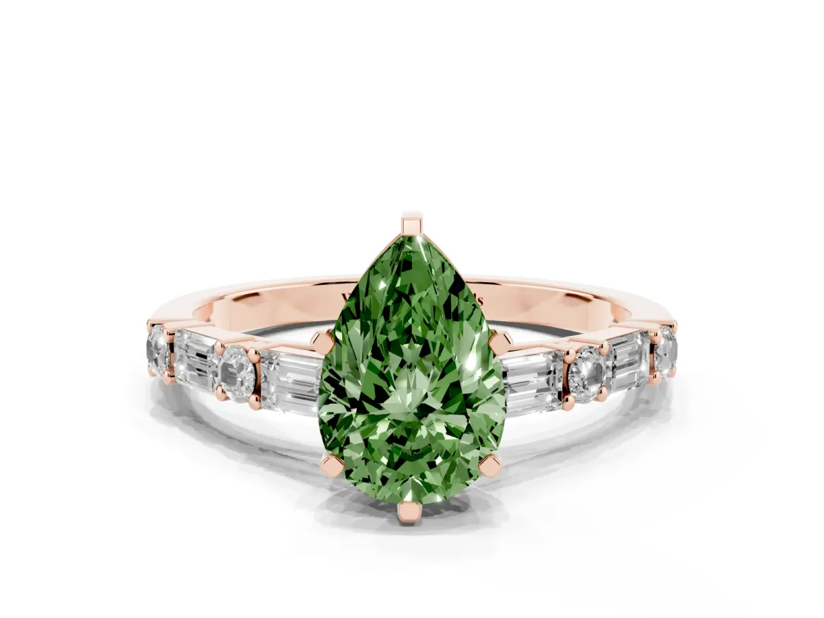 Fancy Green Pear Cut Diamond Solitaire with Side Baguettes and Channel Set Band Rose gold