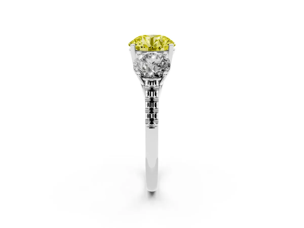 Fancy Yellow Three-Stone Round Cut Diamond Ring with Round Pavé Band and Prong Setting Silver