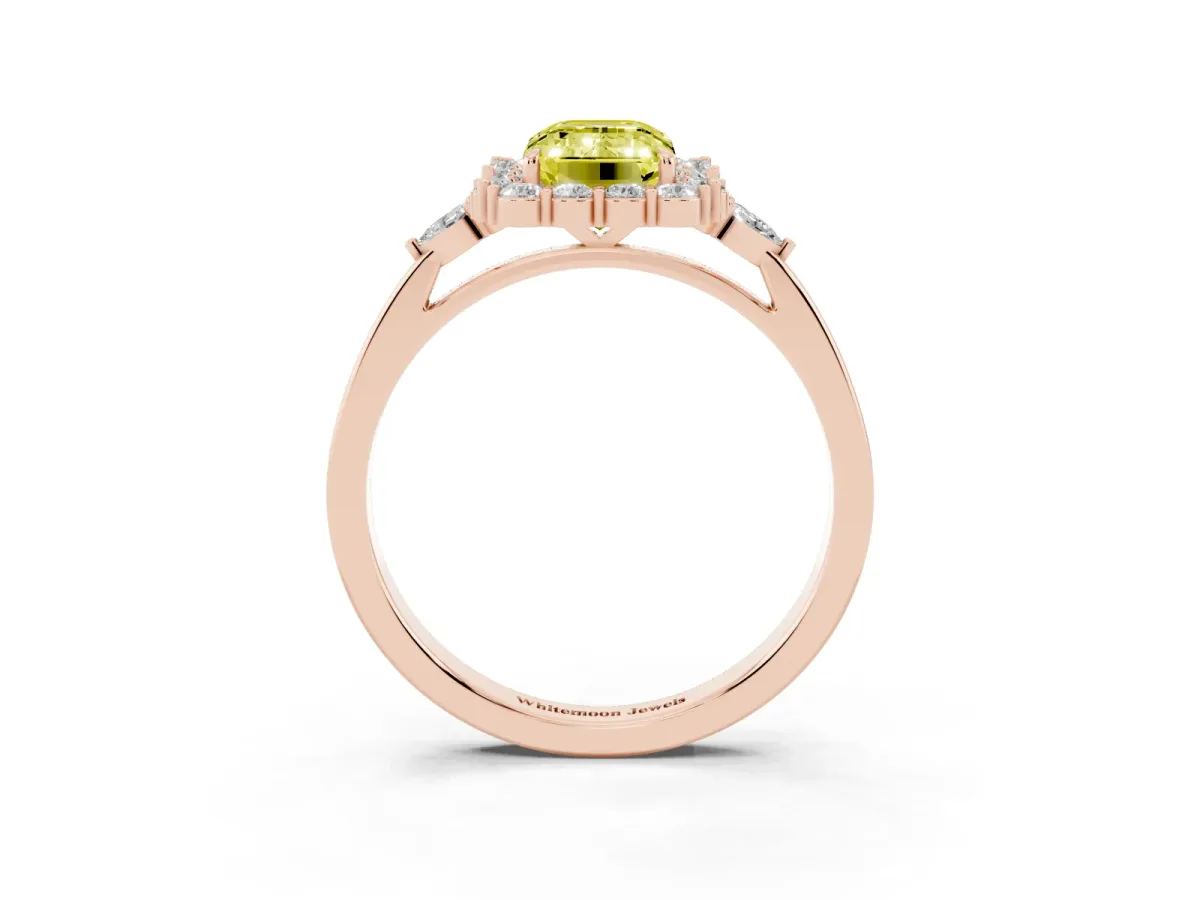 Fancy Yellow Emerald Cut Diamond Halo Ring with Pear Side Stones and Prong Setting Rose gold