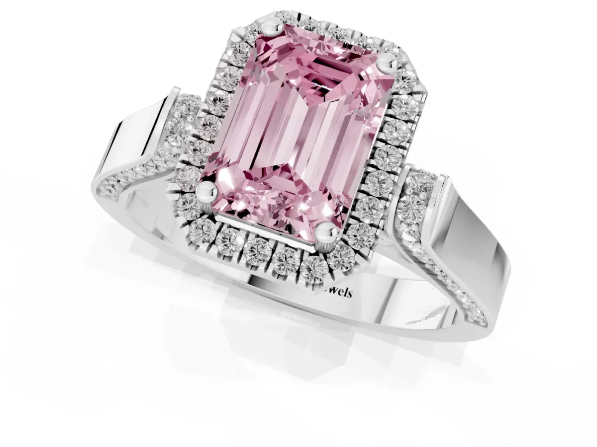 Fancy Pink Emerald Cut Halo Round Diamond Twist Band with Four-Prong Setting Platinum