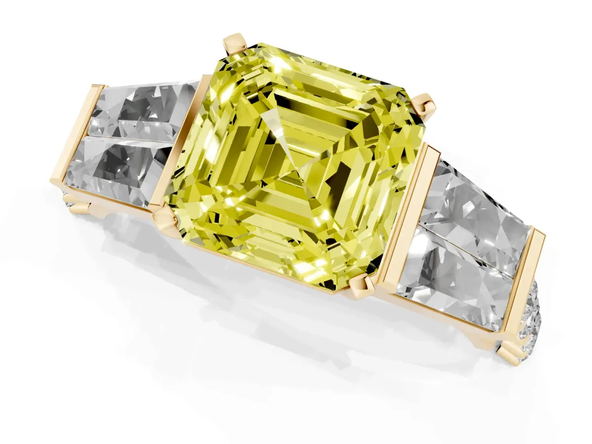 Fancy Yellow Asscher Cut Diamond Engagement Ring with Baguette Side Stones and Channel Set Band Yellow gold