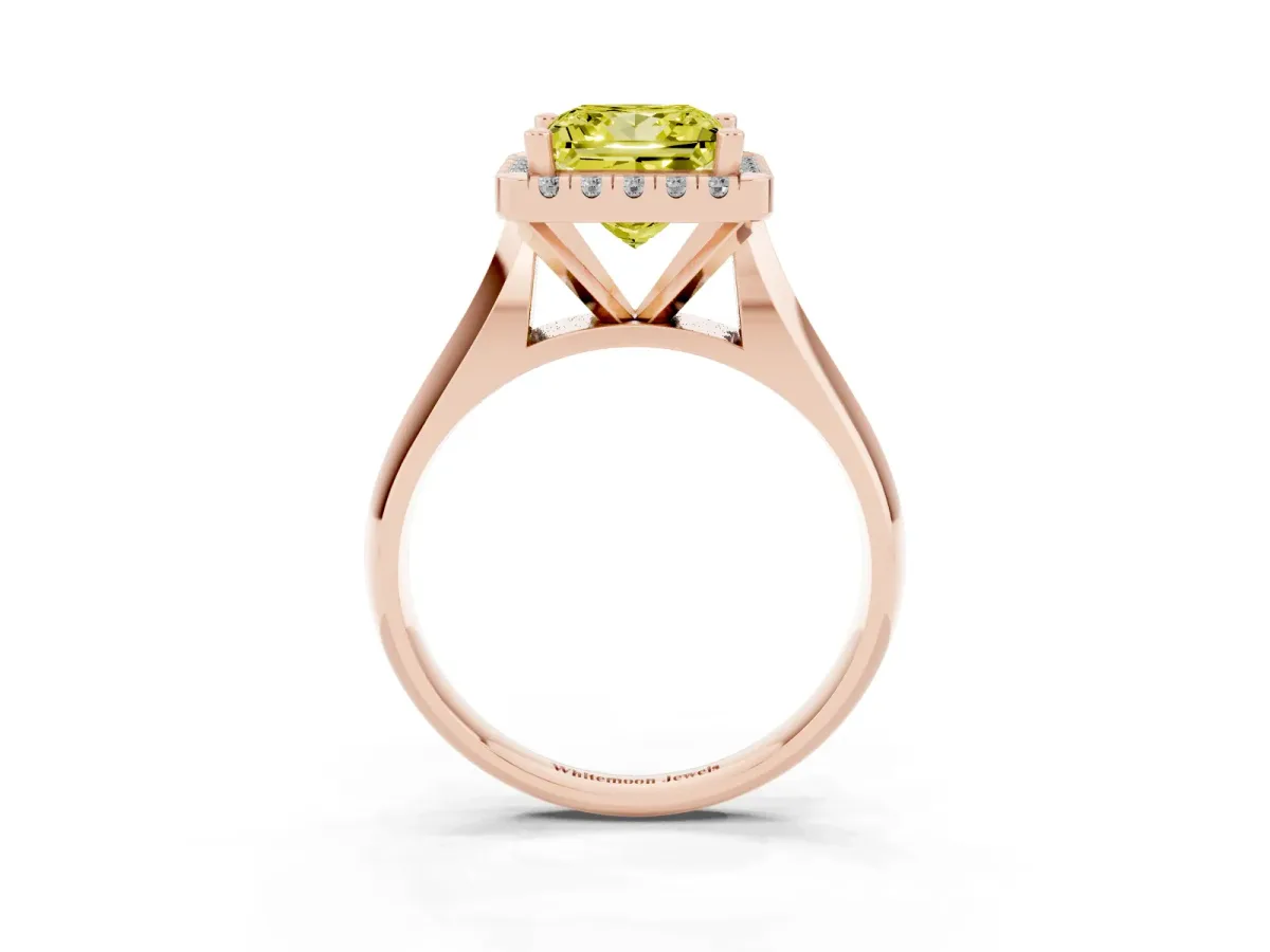 Fancy Yellow Princess Cut Cut Halo Solitaire Engagement Ring with Square Band and Four-Prong Setting Rose gold