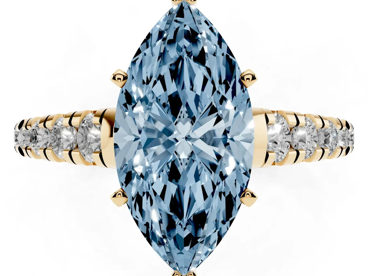 Fancy Blue Marquise Cut Diamond Cathedral Solitaire Ring with Round Pavé Band Yellow gold