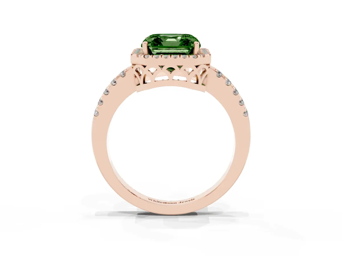 Fancy Green Asscher Cut Halo Diamond Engagement Ring with Pavé Band and Four-Prong Setting Rose gold
