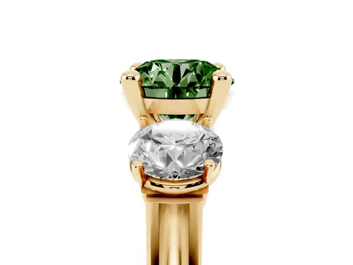 Fancy Green Three-Stone Round Cut Brilliant Diamond Trellis Ring with Comfort Fit Band Yellow gold