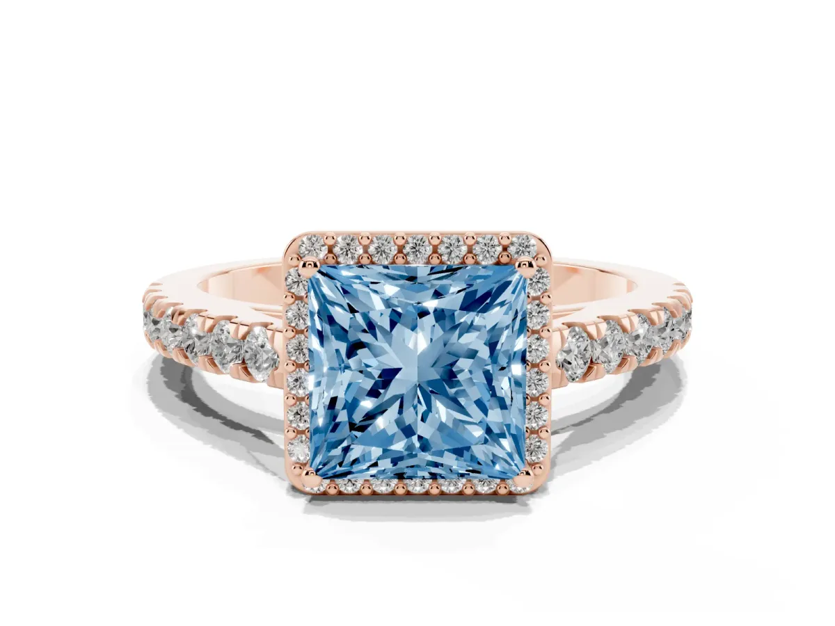 Fancy Blue Princess Cut Cut Halo Diamond Engagement Ring with Pave Band and Four-Prong Setting Rose gold