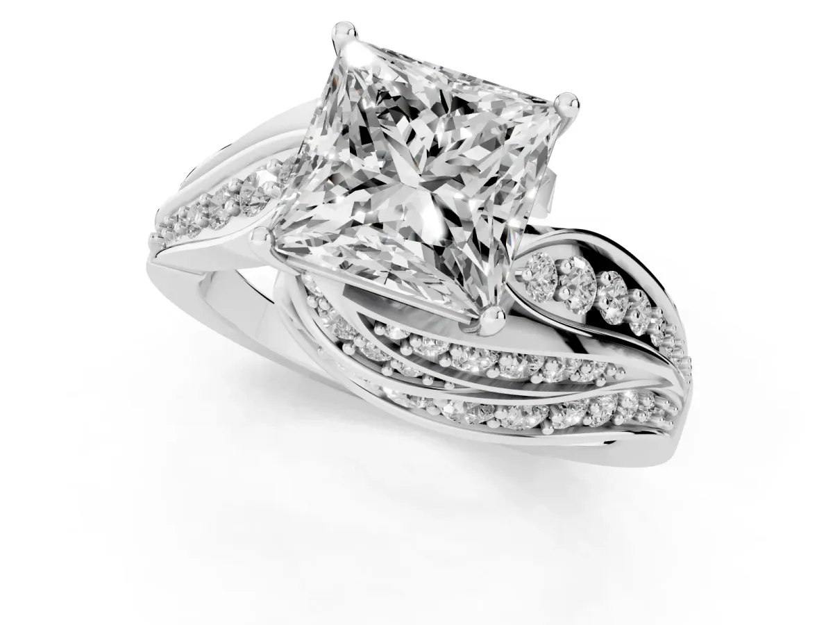 Princess Cut Diamond Solitaire Ring with Prong Setting and Twisted Pavé Band Silver