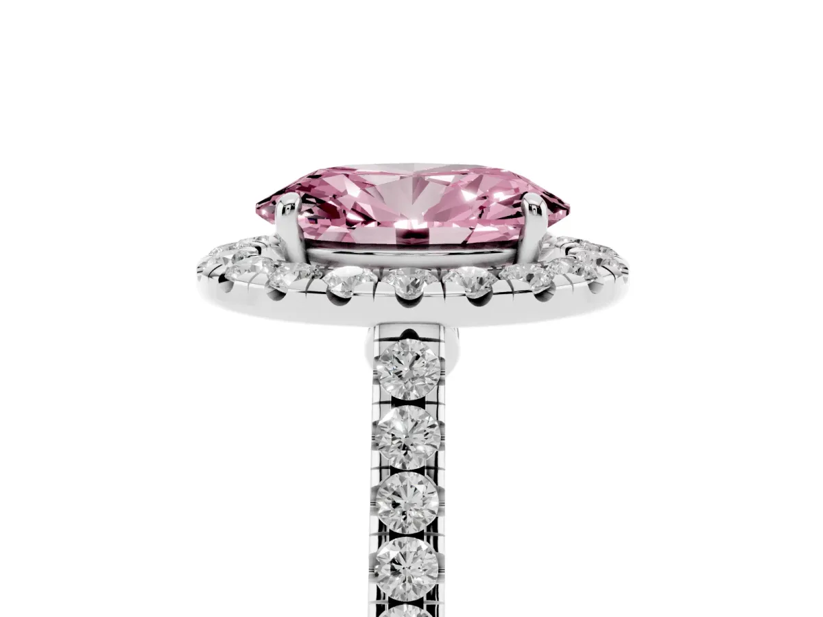 Fancy Pink Oval Cut Halo Pave Diamond Engagement Ring with Four-Prong Setting Silver