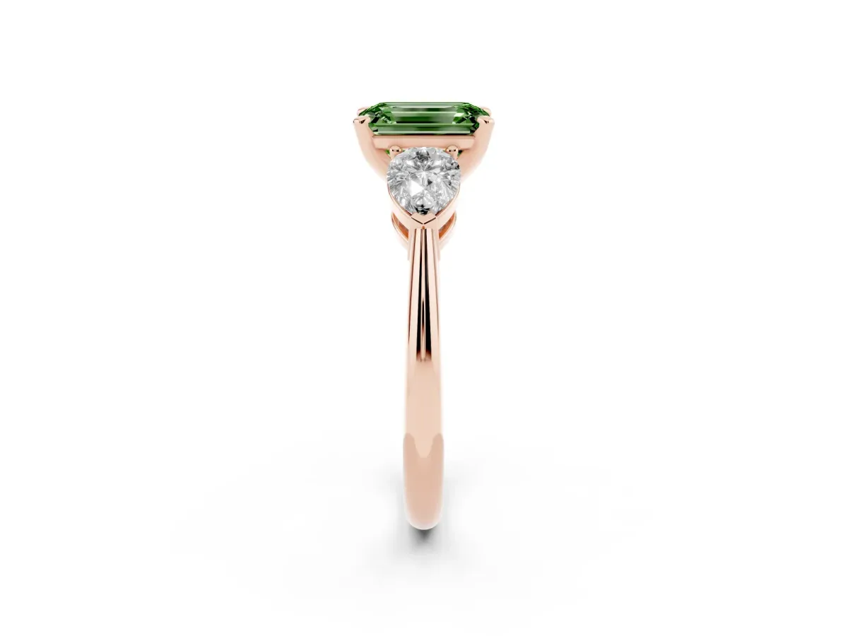 Fancy Green Three-Stone Emerald Cut Diamond Ring with Pear Side Stones and Four-Prong Setting Rose gold