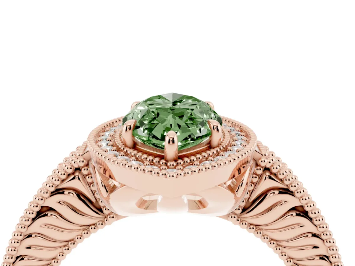 Fancy Green Marquise Cut Cut Halo Diamond Ring with Pavé Band and Four-Prong Setting Rose gold