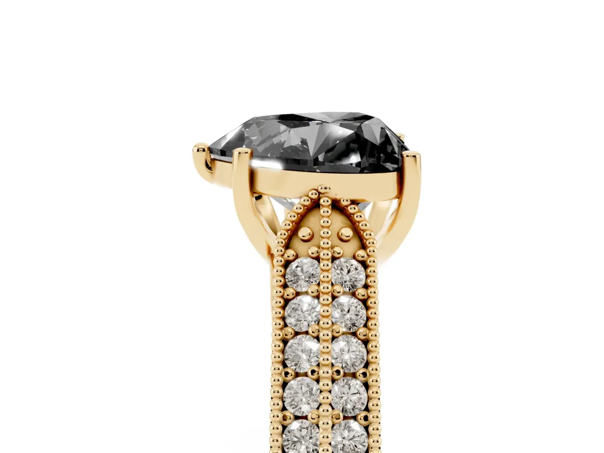 Fancy Black Heart Cut Cut Pave Split Shank Engagement Ring with Four-Prong Setting Yellow gold