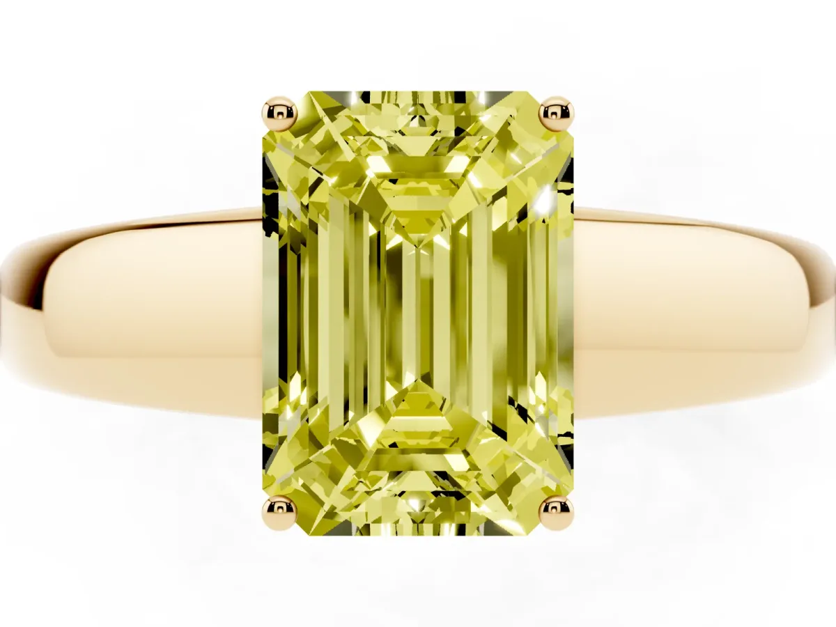 Fancy Yellow Emerald Cut Solitaire Diamond Ring with Tapered Band and Four-Prong Setting Yellow gold