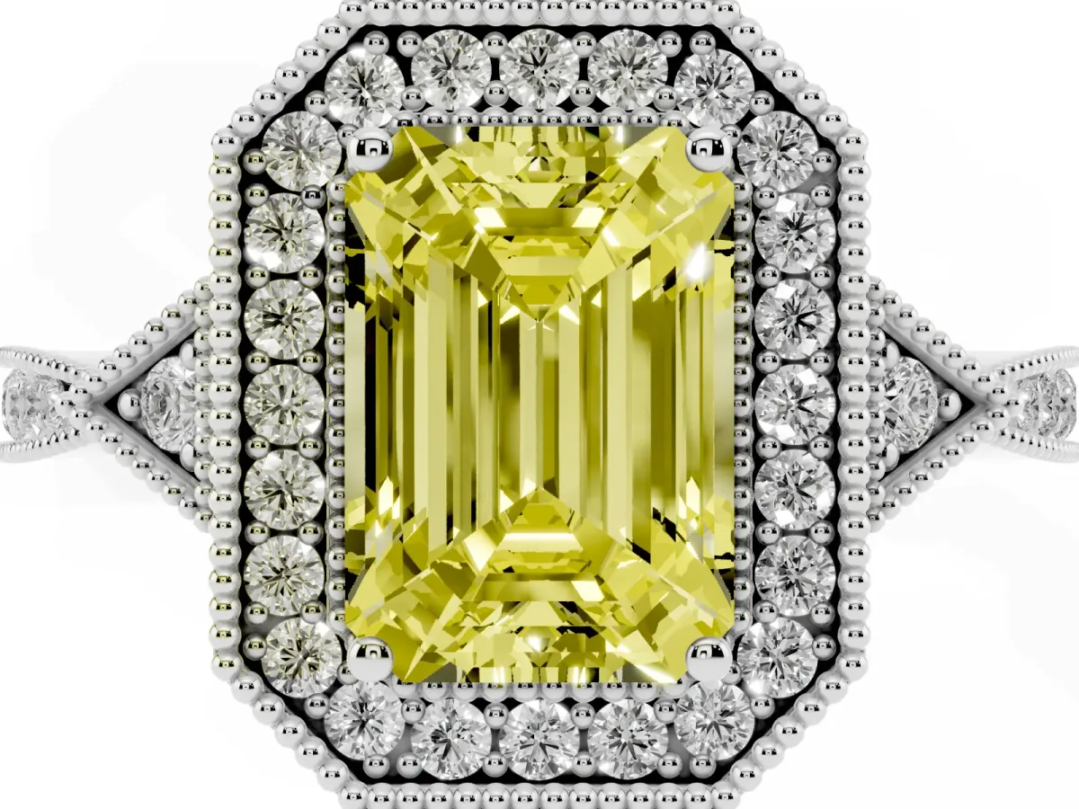 Fancy Yellow Emerald Cut Halo Round Diamond Milgrain Pave Engagement Ring Silver