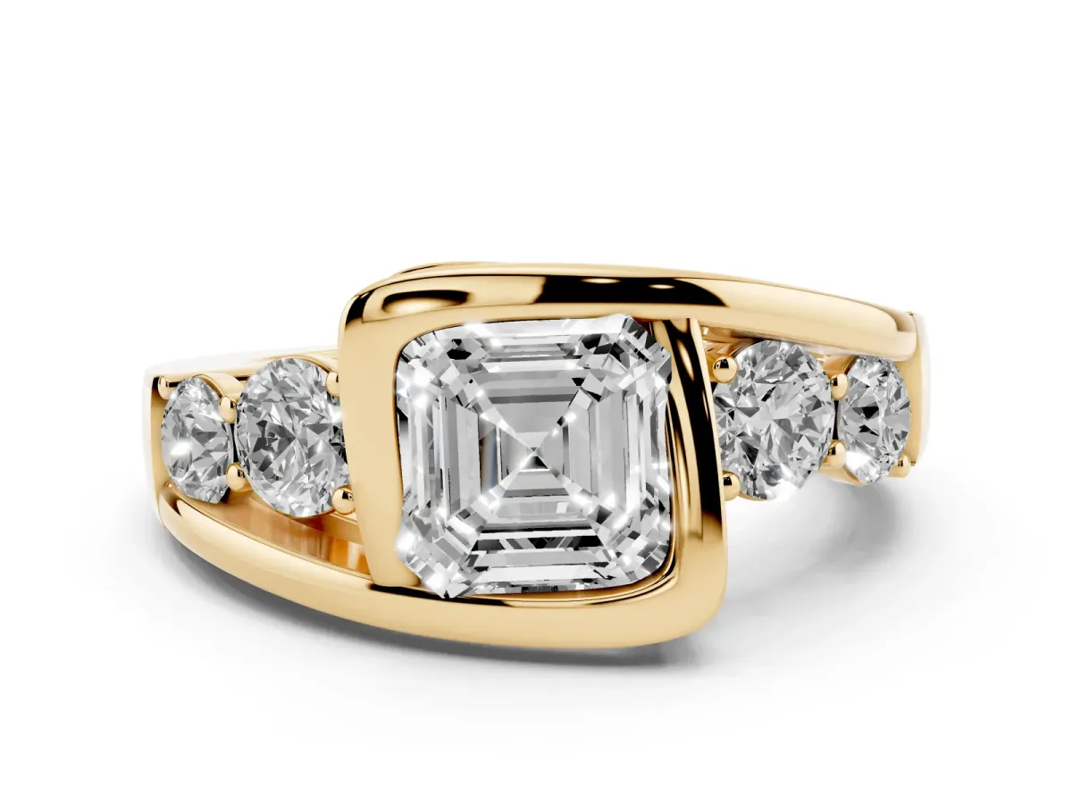 Bezel Set Asscher Cut Diamond Bypass Ring with Round Accents Yellow gold