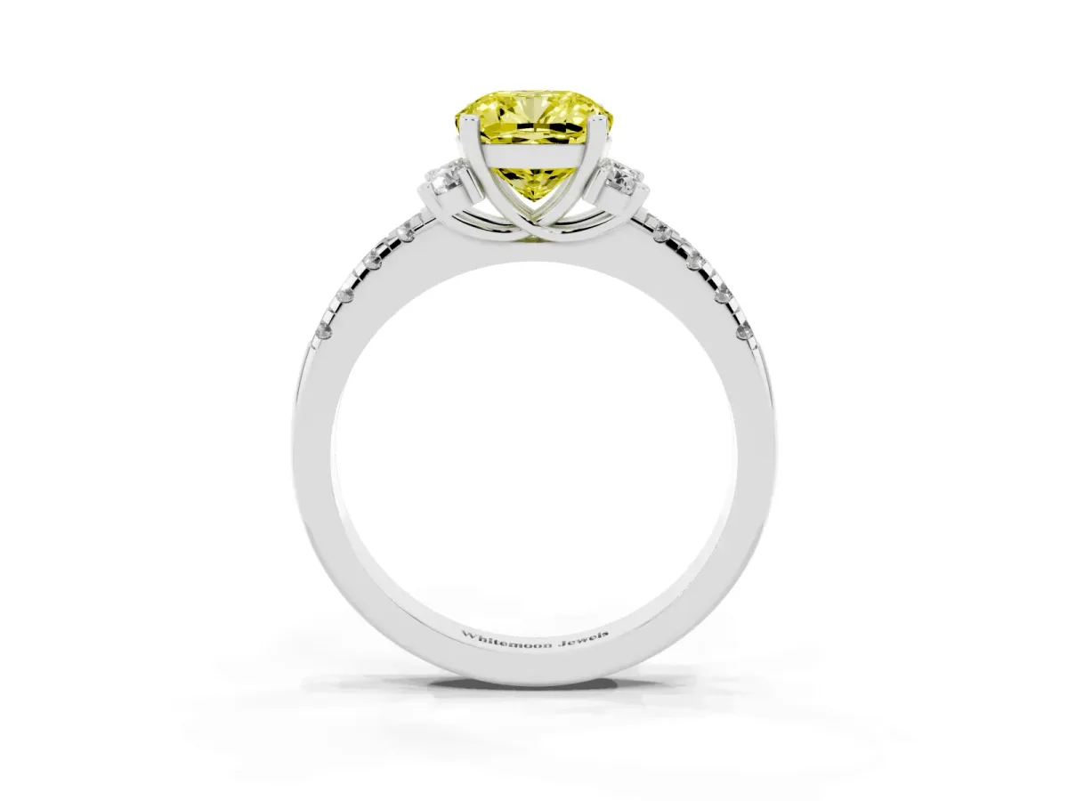 Fancy Yellow Cushion Cut Diamond Three-Stone Pave Band with Four-Prong Setting Silver