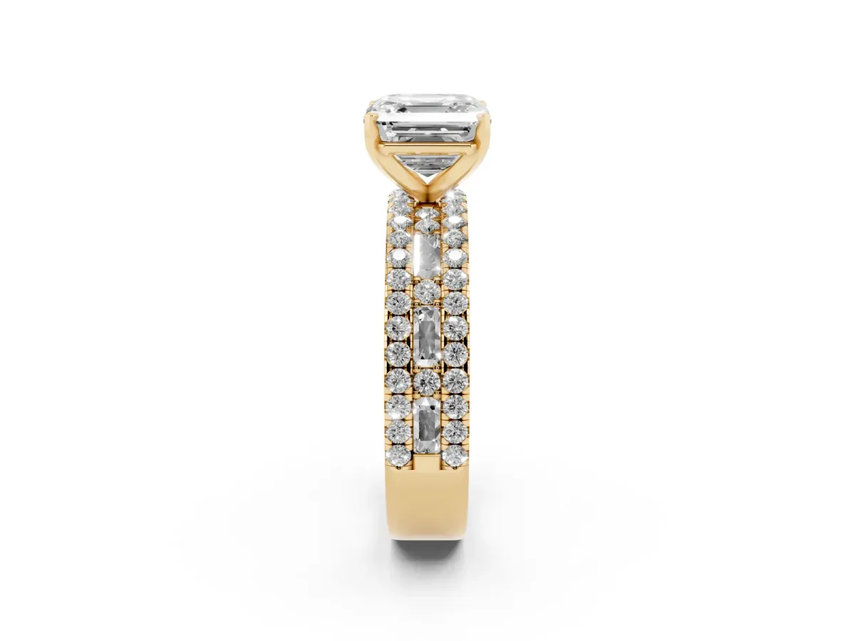 Asscher Cut Diamond Solitaire Ring with Pavé and Channel Set Band Yellow gold