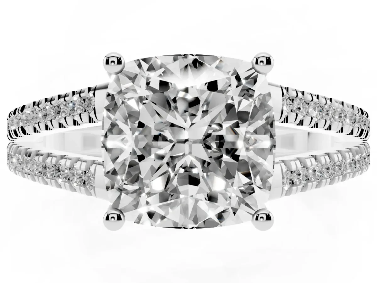 Cushion Cut Diamond Solitaire Engagement Ring with Split Shank Pavé Band Silver