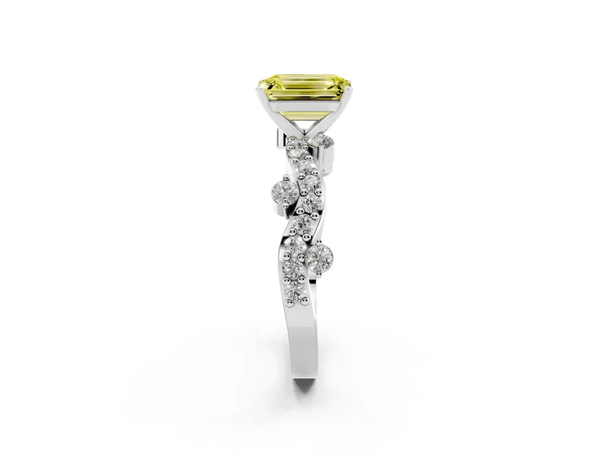 Fancy Yellow Emerald Cut Cut Solitaire Diamond Twisted Band with Pave Setting Silver
