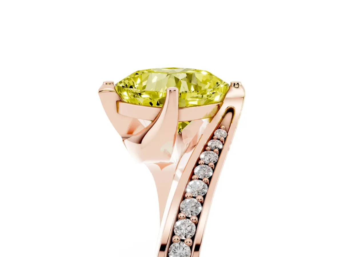 Fancy Yellow Cushion Cut Solitaire Diamond Twist Band with Pavé Setting and Four-Prong Setting Rose gold