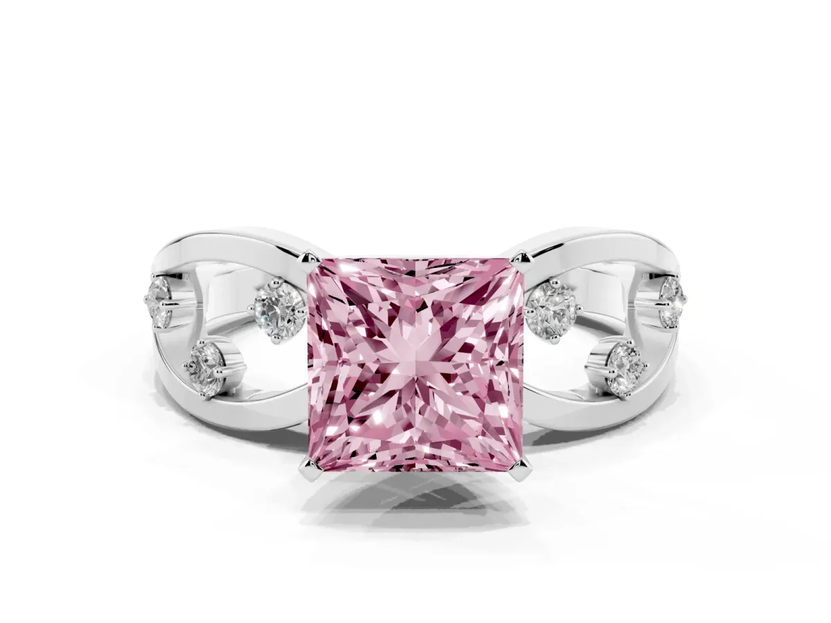 Fancy Pink Princess Cut Cut Solitaire Diamond with Side Stones on Criss-Cross Band and Four-Prong Setting Platinum