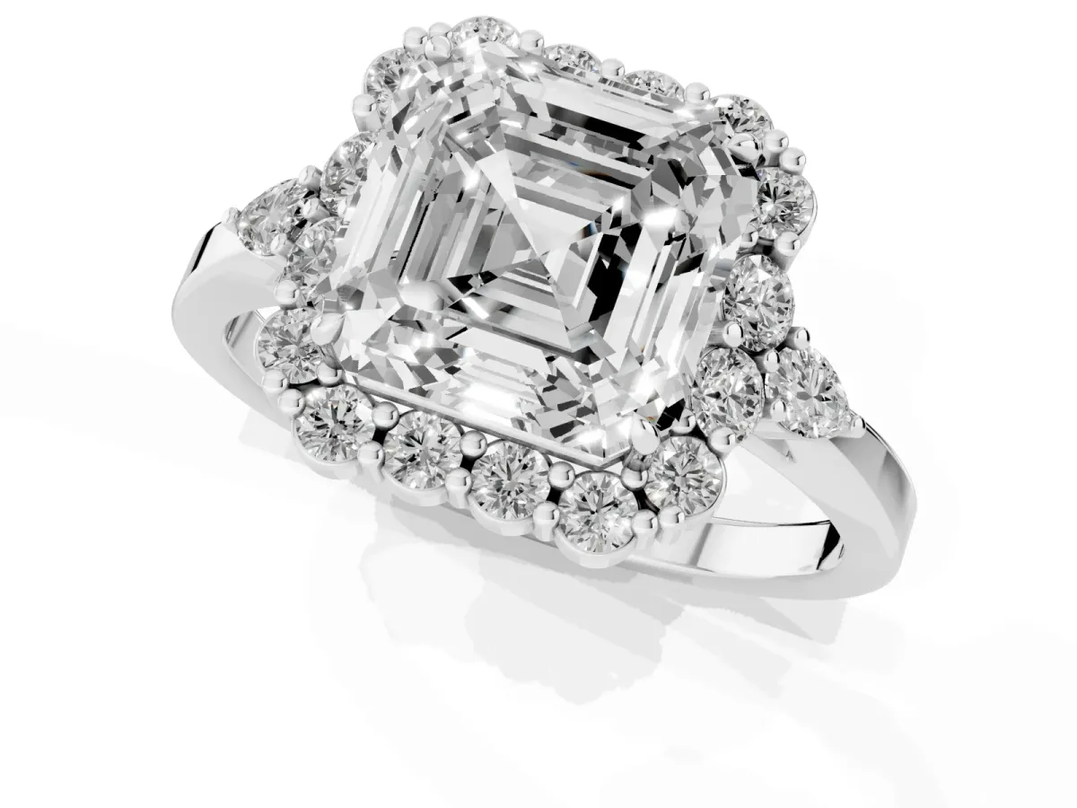 Asscher Cut Diamond Halo Ring with Pear Side Stones and Prong Setting Silver