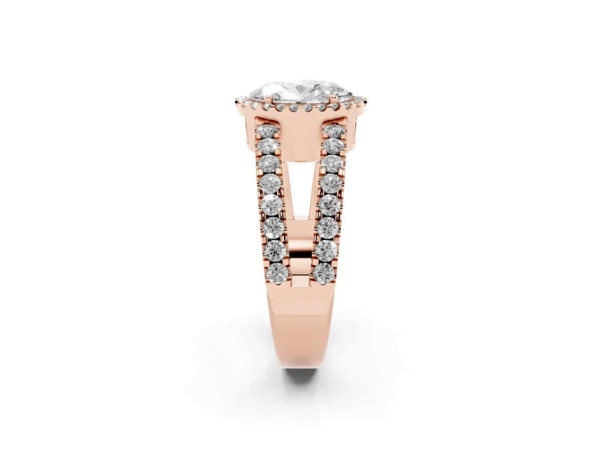 Oval Cut Cut Halo Split Shank Diamond Ring with Four-Prong Setting Rose gold
