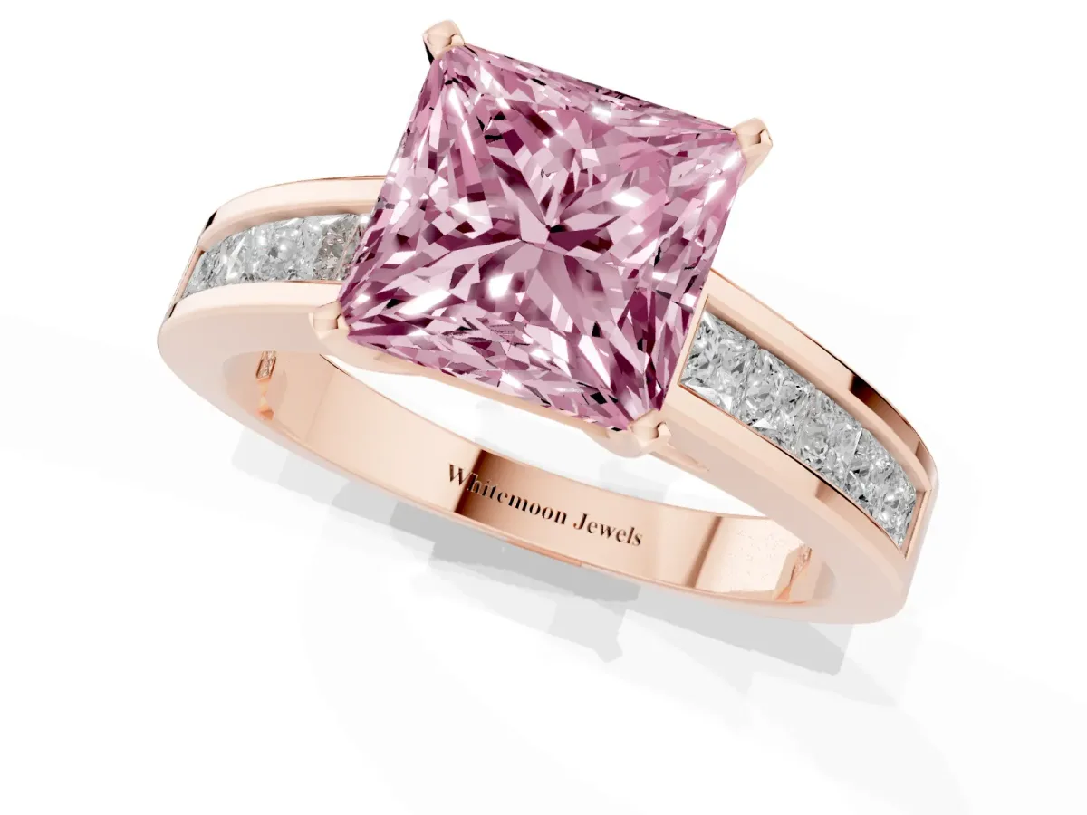 Fancy Pink Princess Cut Solitaire Diamond Ring with Channel-Set Band and Four-Prong Setting Rose gold