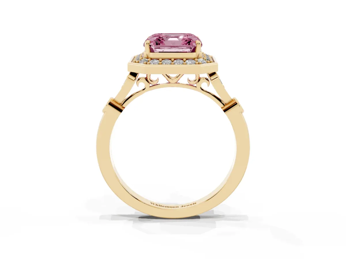 Fancy Pink Asscher Cut Halo Diamond Engagement Ring with Twisted Band and Four-Prong Setting Yellow gold