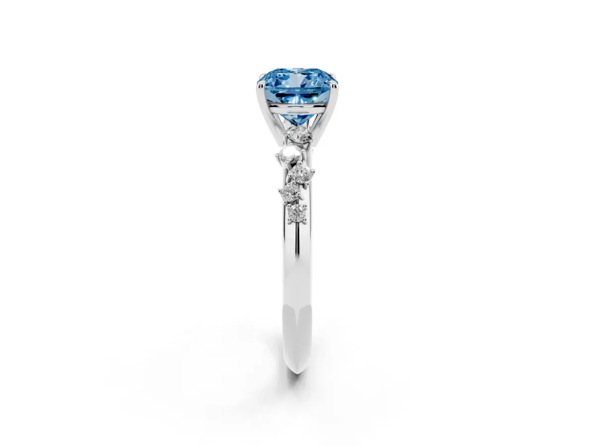 Fancy Blue Cushion Cut Diamond Cluster Side Stone Solitaire Ring with Prong Setting Silver