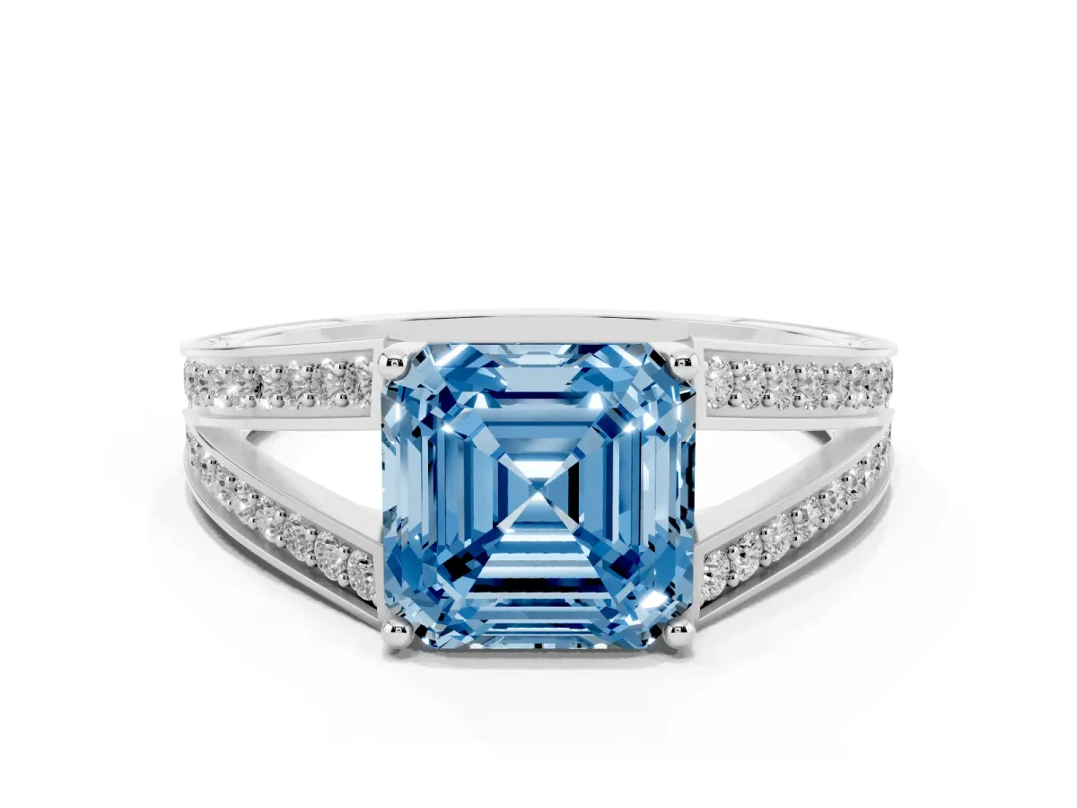Fancy Blue Asscher Cut Diamond Split Shank Ring with Pavé Band and Four-Prong Setting White gold