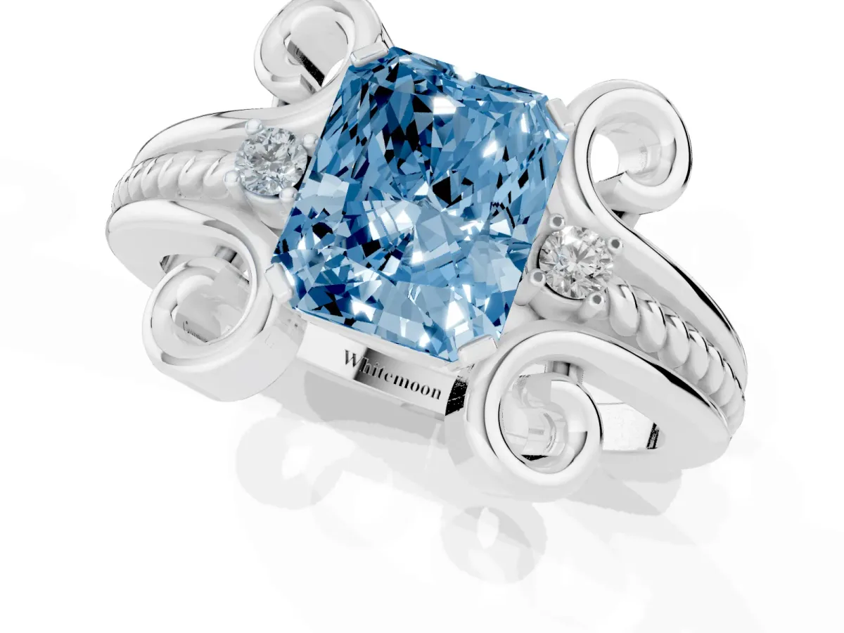 Fancy Blue Radiant Cut Solitaire Twisted Band Scroll Prong Ring Platinum