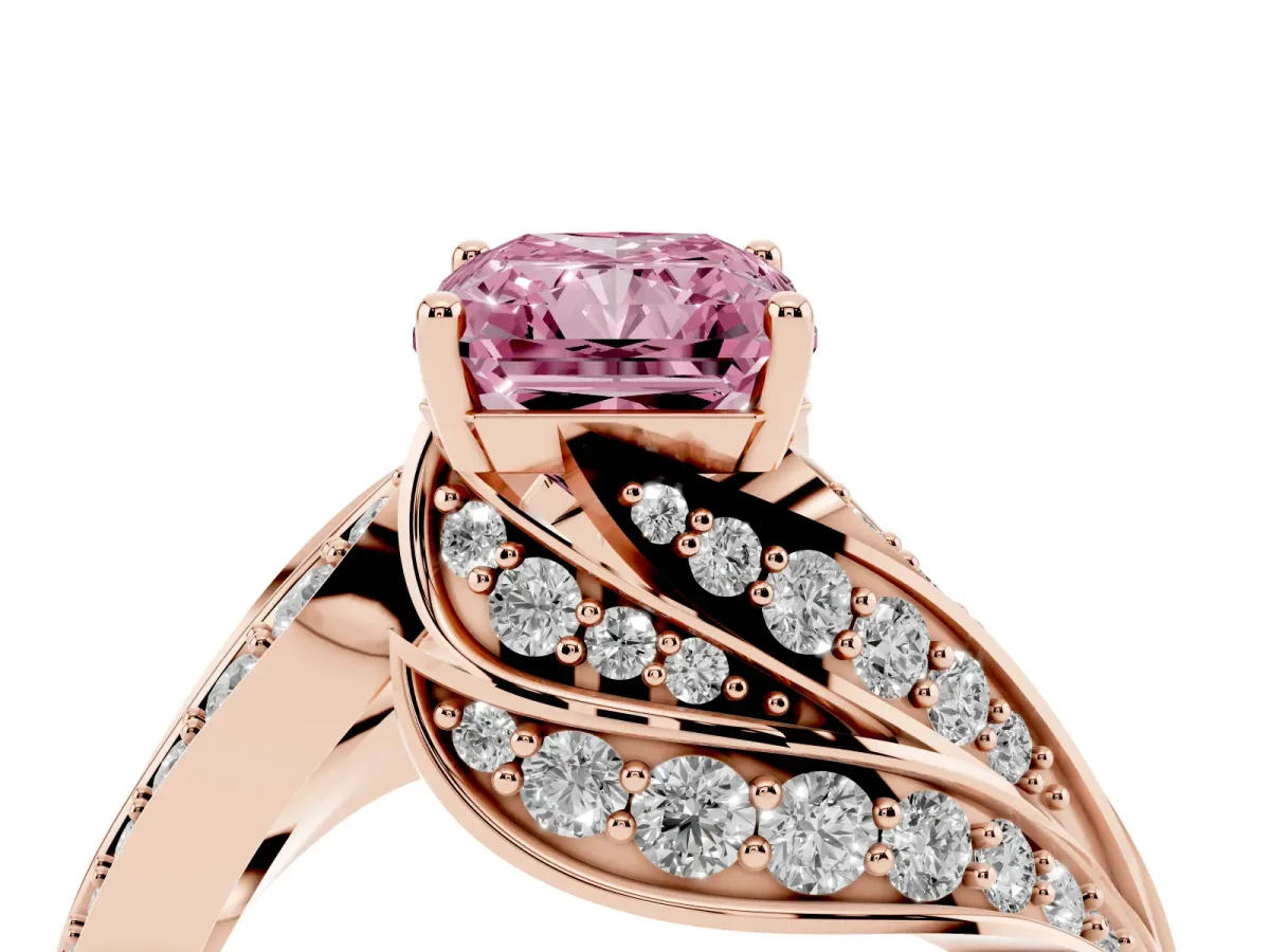 Fancy Pink Radiant Cut Diamond Solitaire Ring with Prong Setting and Twisted Pavé Band Rose gold