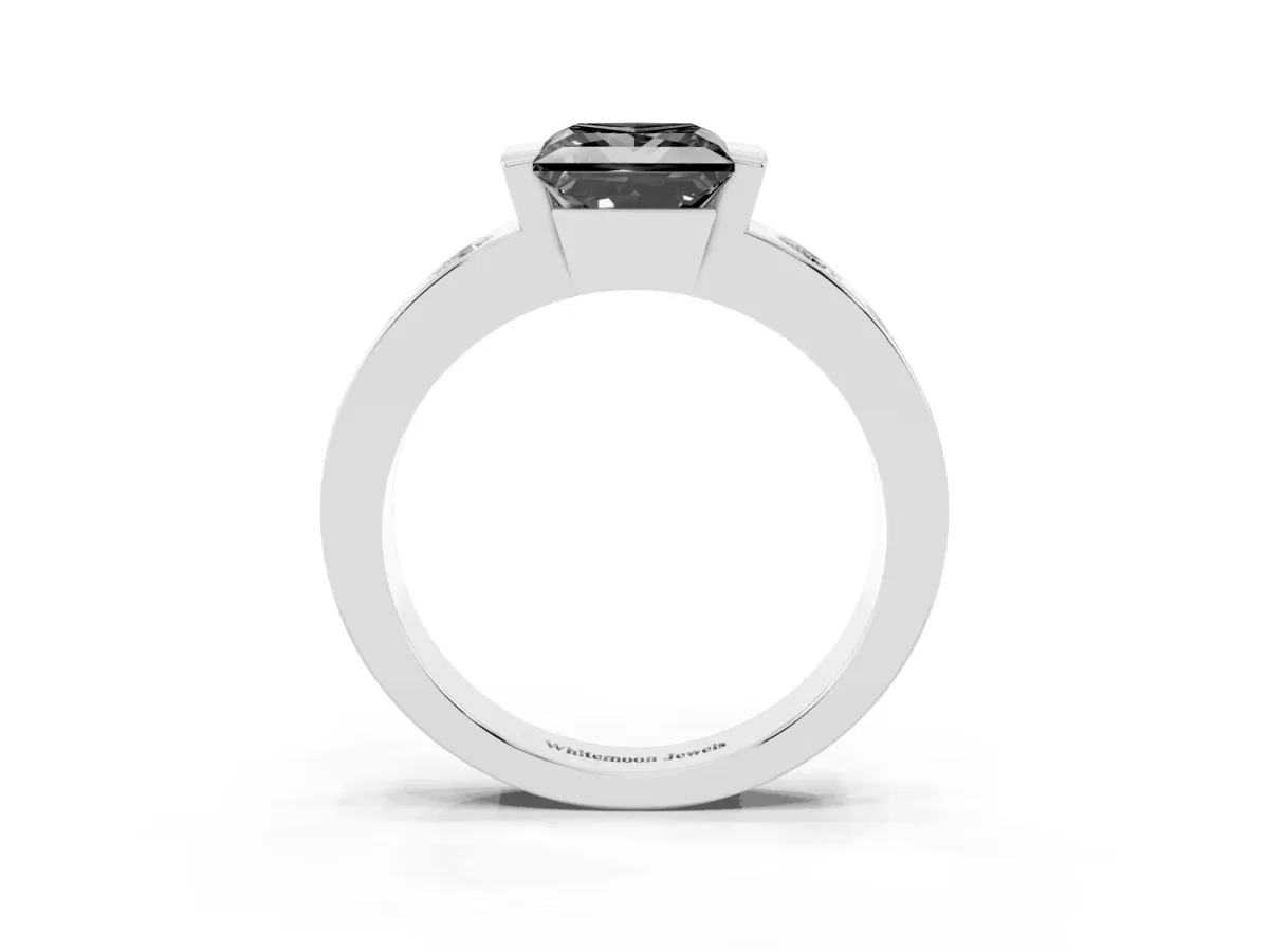 Fancy Black Princess Cut Brilliant Channel-Set Diamond Ring with Bezel Prong Setting Silver