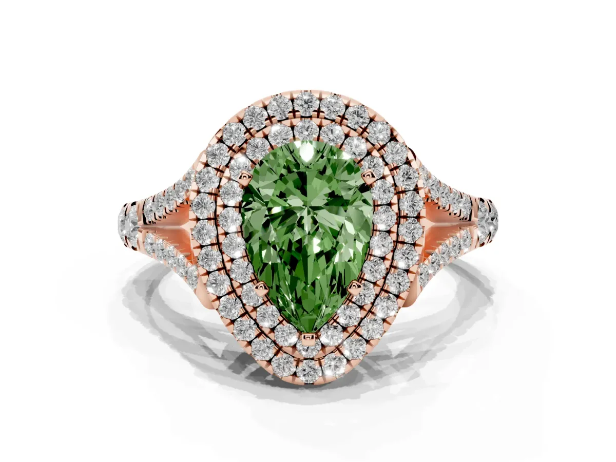 Fancy Green Double Halo Pear Cut Diamond Split Shank Engagement Ring with Four-Prong Setting Rose gold