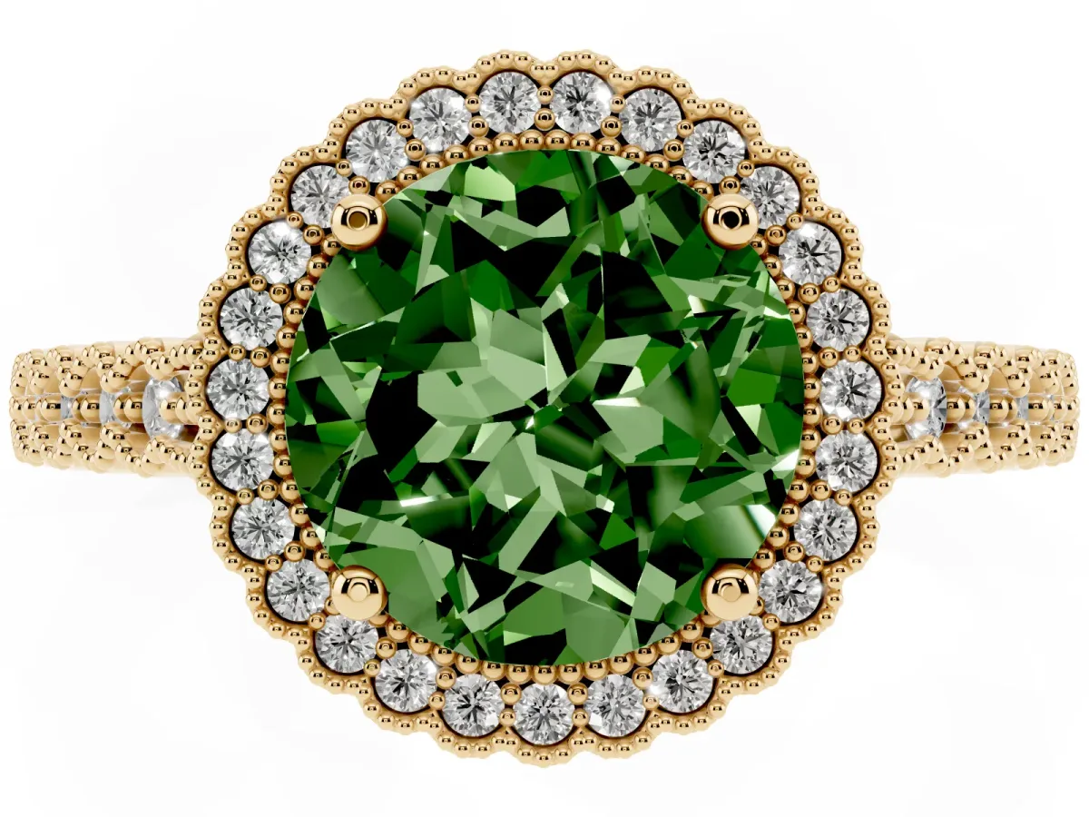 Fancy Green Round Cut Cut Halo Pavé Solitaire Ring with Milgrain Band Yellow gold