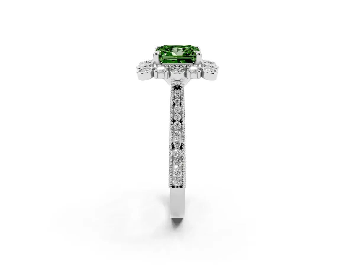 Fancy Green Princess Cut Halo Milgrain Pave Diamond Ring with Four-Prong Setting Silver