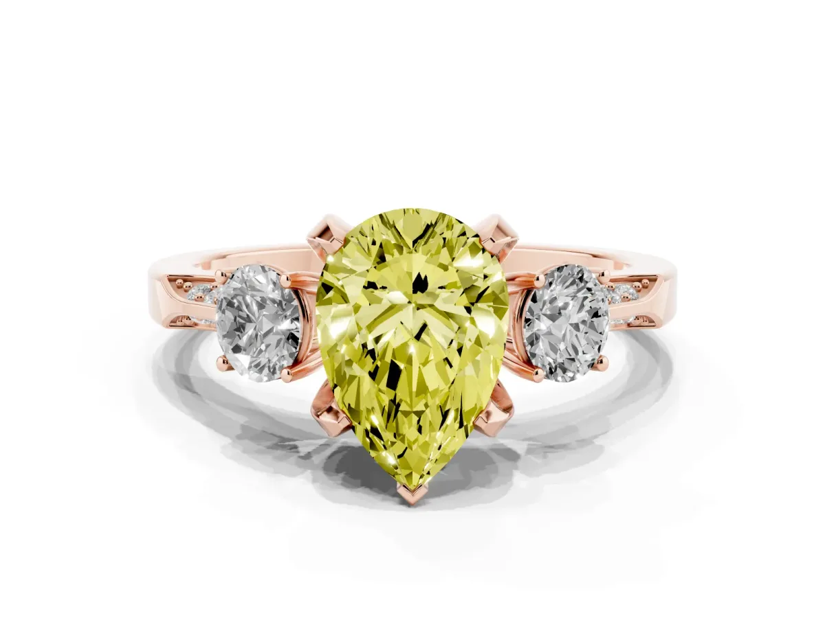 Fancy Yellow Pear Cut Brilliant Three-Stone Diamond Ring with Pavé Band and Four-Prong Setting Rose gold