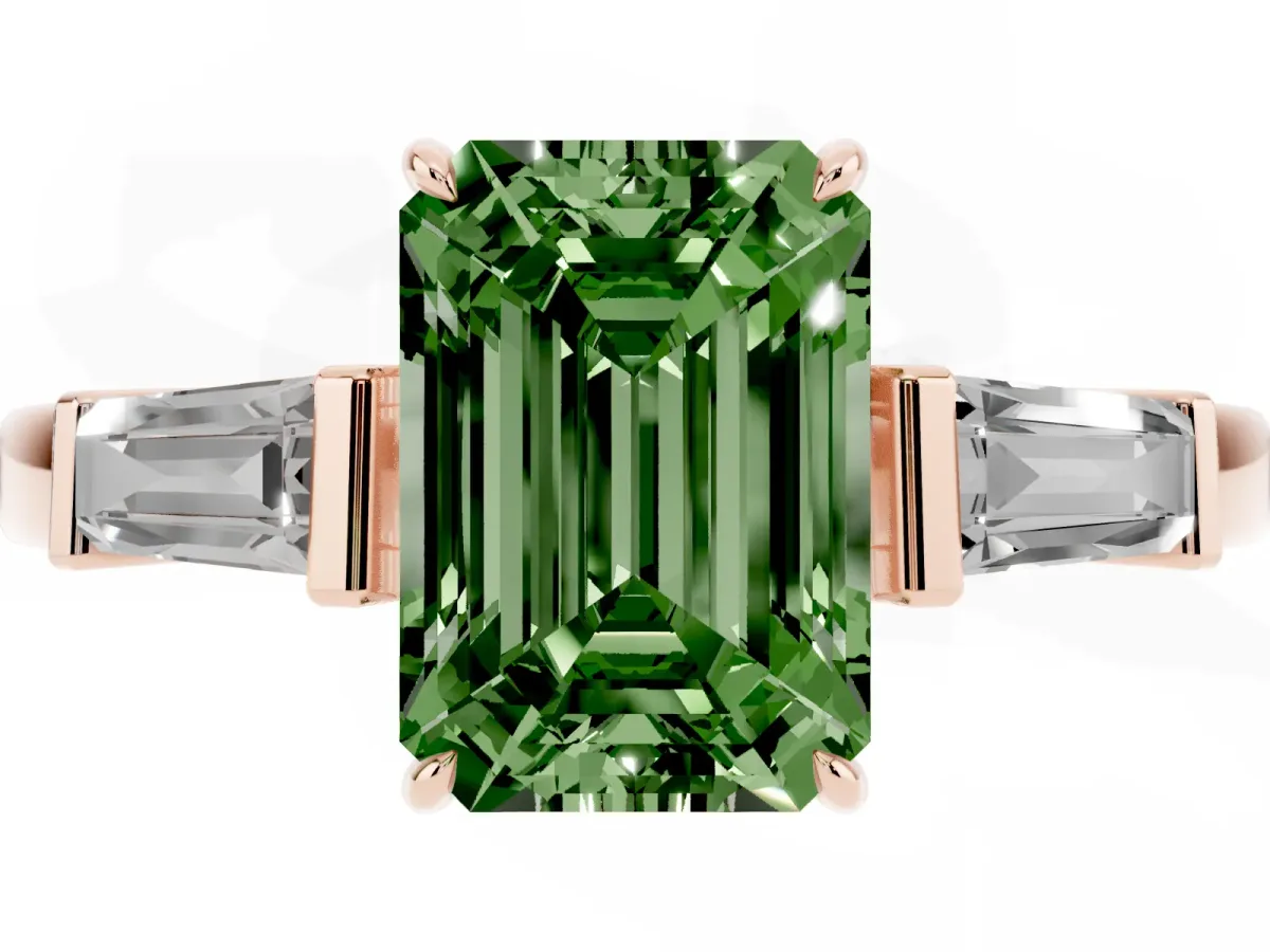 Fancy Green Emerald Cut Diamond Three-Stone Ring with Tapered Baguette Side Stones and Prong Setting Rose gold