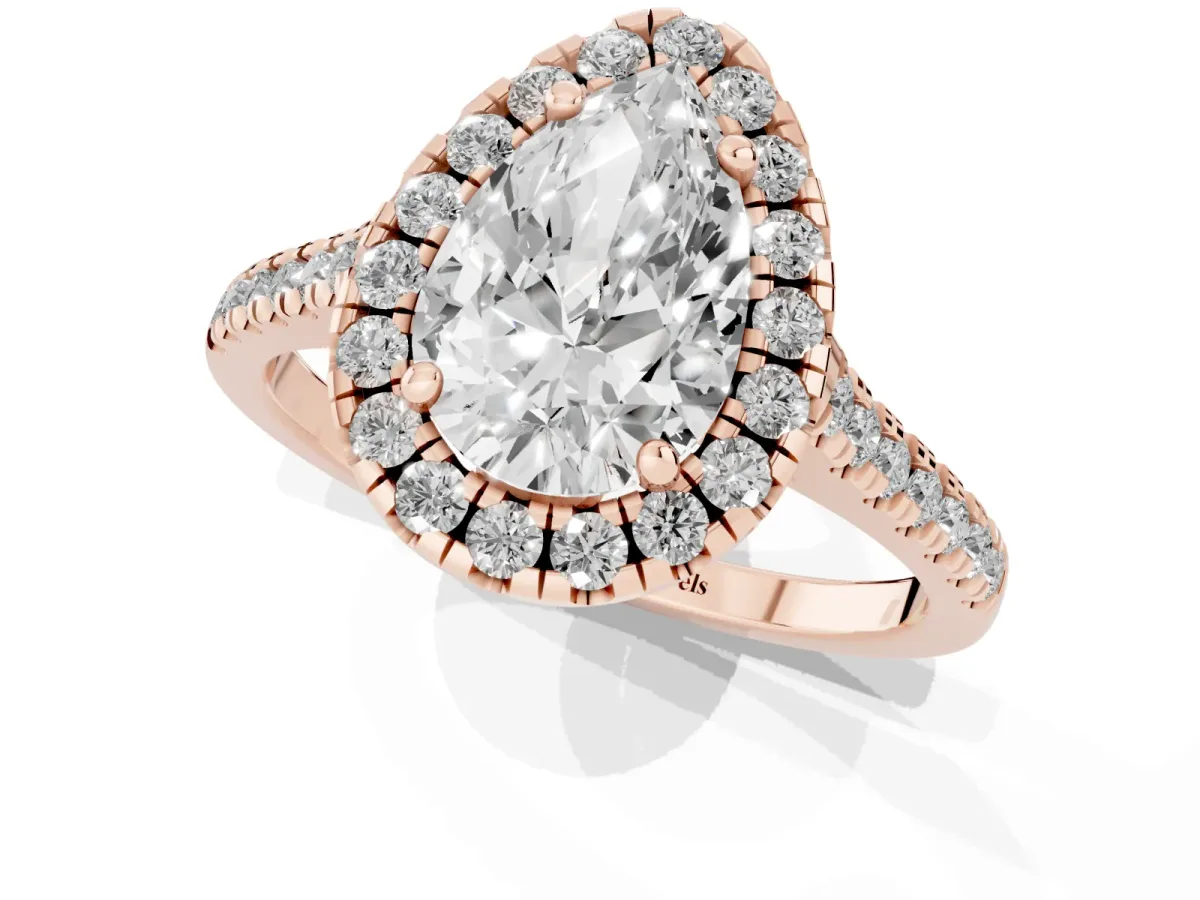 Pear Cut Diamond Cushion Halo Ring with Pavé Band Rose gold