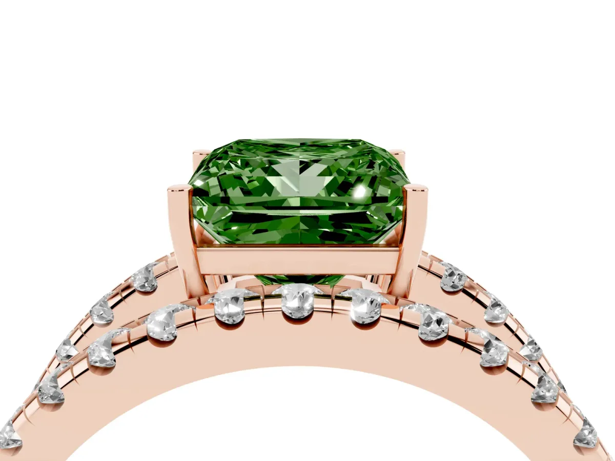 Fancy Green Princess Cut Solitaire Split Shank Pave Diamond Ring Rose gold
