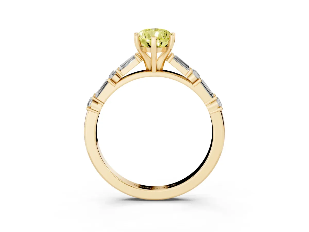 Fancy Yellow Pear Cut Diamond Solitaire with Side Baguettes and Channel Set Band Yellow gold