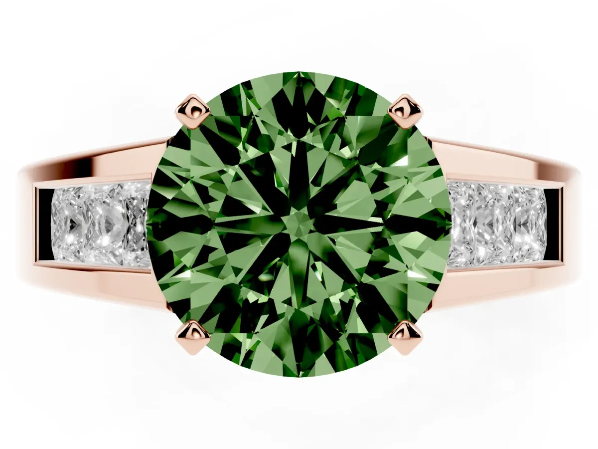 Fancy Green Round Cut Cut Channel Set Solitaire Ring with Four-Prong Setting Rose gold