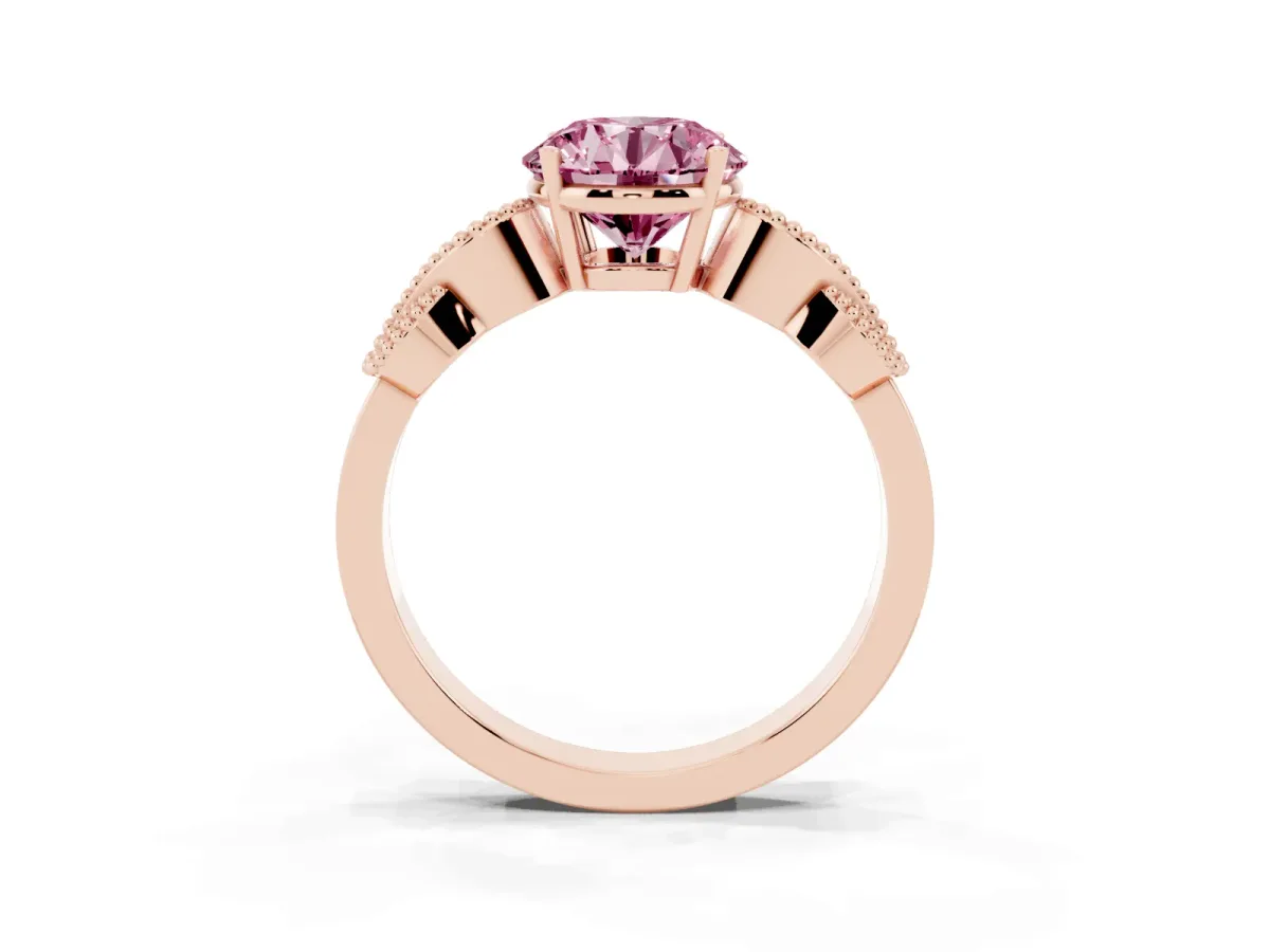 Fancy Pink Round Cut Solitaire Milgrain Leaf Band with Prong Setting Rose gold