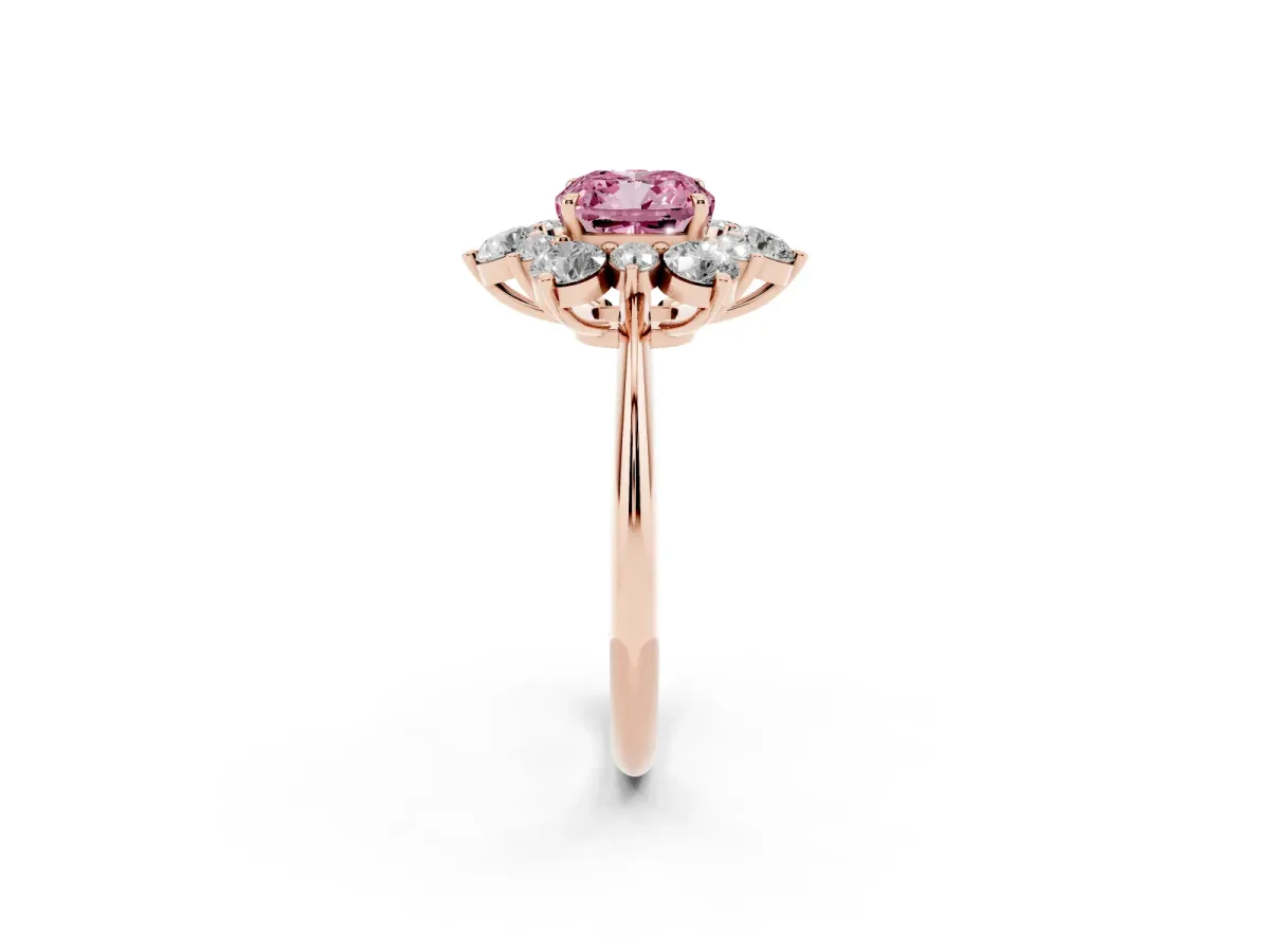 Fancy Pink Cushion Cut Diamond Cluster Halo Ring with Solitaire Band and Four-Prong Setting Rose gold